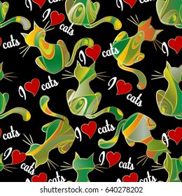 I  love cats. Vector seamless kittens  pattern. Black background wallpaper illustration with floral ornamental kittens cats  and calligraphic lettering text with red love hearts. Abstract texture.