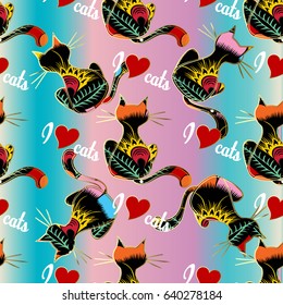 I  love cats. Vector cats seamless pattern. Pink and blue background wallpaper illustration with hand drawn floral  ornamental kittens cats  and calligraphic lettering text with red love hearts.