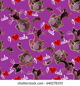 I  love cats. Vector cats seamless pattern. Purple background wallpaper illustration with hand drawn floral ornamental cats and calligraphic lettering text with paisley flowers, red love hearts