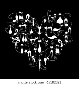 I love cats! White cats silhouette in heart shape for your design