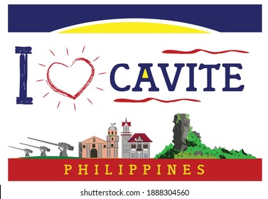 Me encanta el concepto de Cavite con símbolos populares y puntos de esta provincia filipina. Imágenes prediseñadas editables.