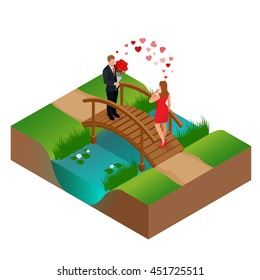 Love and celebrate concept. Man gives a woman a bouquet of roses. Romantic lovers dating. Vector flat 3d isometric illustration