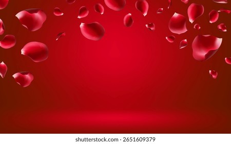 Love and Celebration Dynamic Scene of Red Rose Petals Falling onto a Warm Luminous Red Surface Versatile for Greeting Cards Event Banners or Digital Marketing for Romance