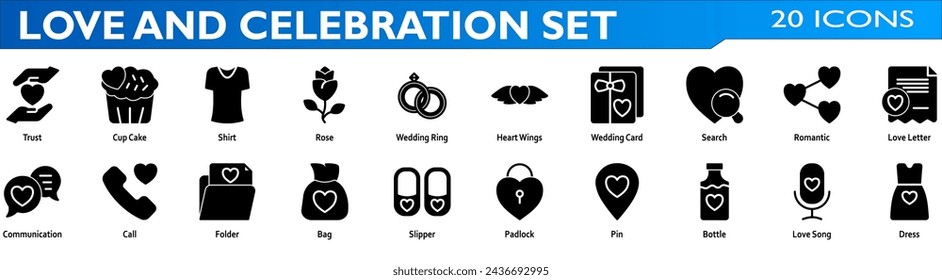 Conjunto de iconos de amor y celebración. Conteniendo confianza, rosa, anillo de bodas, alas de corazón, tarjeta de boda, romántico, carta de amor, comunicación, pin, canción de amor, vestido. Colección de estilos sólidos