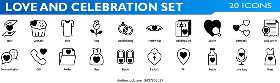 Love and celebration icon set. Containing trust,rose,wedding ring,heart wings,wedding card,romantic,love letter,communication,pin,love song,dress. Mixed style collection