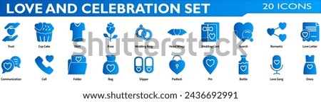 Love and celebration icon set. Containing trust,rose,wedding ring,heart wings,wedding card,romantic,love letter,communication,pin,love song,dress. Solid Gradient style collection