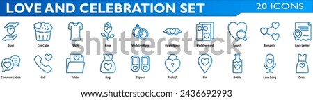 Love and celebration icon set. Containing trust,rose,wedding ring,heart wings,wedding card,romantic,love letter,communication,pin,love song,dress. Line Gradient style collection