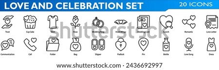 Love and celebration icon set. Containing trust,rose,wedding ring,heart wings,wedding card,romantic,love letter,communication,pin,love song,dress. Line style collection