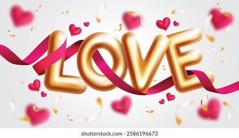 Love celebration vector concept design. Love metallic balloon text in lasso and hearts elements for valentine's, wedding and anniversary occasion. Vector illustration.
