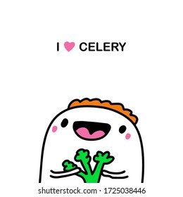 Me encanta la ilustración vectorial dibujada a mano de apio en el estilo de historietas de dibujos animados hombre vegano comiendo plantas verdes feliz dieta