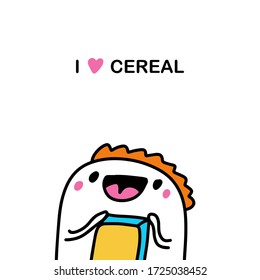Me encanta la ilustración vectorial de la mano de cereales en el estilo de historietas de dibujos animados hombre sosteniendo la caja de papel desayuno comida