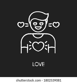 Love chalk white icon on black background. Feeling of strong affection, emotional attachment, passion. Romantic relationship, Valentine day. Person in love isolated vector chalkboard illustration