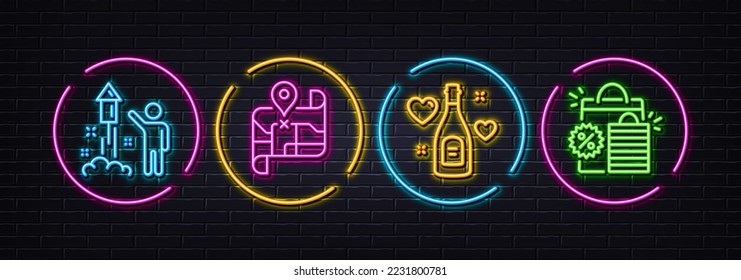 Love champagne, Fireworks and Map minimal line icons. Neon laser 3d lights. Shopping bags icons. For web, application, printing. Valentines day, Party pyrotechnic, Journey road. Sale discount. Vector