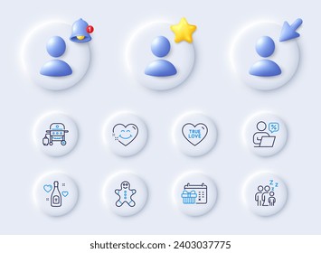 Love champagne, Smile face and Sleep line icons. Placeholder with 3d cursor, bell, star. Pack of Christmas calendar, Gas grill, Gingerbread man icon. True love, Online discounts pictogram. Vector