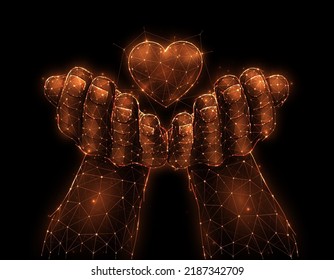 Love or charity concept. Hands holding heart symbol polygonal vector illustration on dark red background. Giving love artwork. Heart transplant, organ donation concept low poly design.