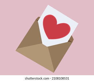 Love, charity and donation concept. Give and share your love with others. Envelope with heart symbol. Flat design, vector illustration on a pinkish background.