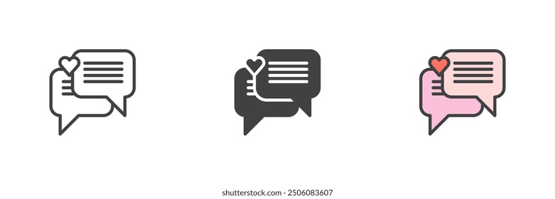 Love chat conversation different style icon set. Line, glyph and filled outline colorful version, outline and filled vector sign. Speech bubble with heart symbol, logo illustration. Vector graphics