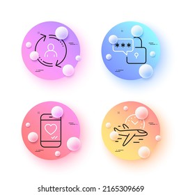 Love chat, Flight time and Lock minimal line icons. 3d spheres or balls buttons. User info icons. For web, application, printing. Smartphone, Airplane clock, Padlock pass. Update profile. Vector