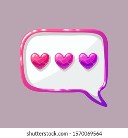 Love chat icon in cartoon style. Online message with hearts. Cute vector illustration on isolated background.