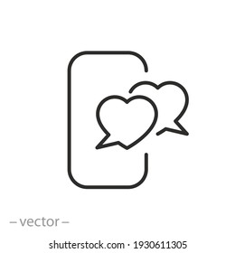 love chat icon, couple hearts as phone message, communication lovers, thin line symbol on white background - editable stroke vector illustration