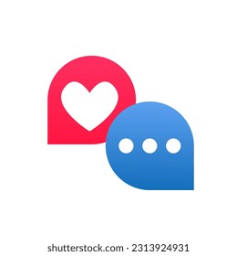 Icono de chat de amor. Símbolo vector para citas electrónicas, citas en línea, sexo, mensajes de amor, SMS, romance, Día de San Valentín, mensajería. Mensaje SMS con icono vector plano de corazón de amor. Ilustración del vector