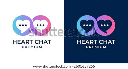 Love chat logo design vector. Love dating logo with bubble chat icon illustration. Couple of heart with speech bubble logo design illustration.