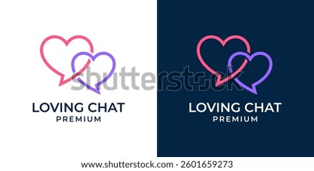 Love chat logo design vector. Love dating logo with bubble chat icon illustration. Couple of heart with speech bubble logo design illustration.