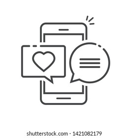 Love chat message in mobile phone screen vector illustration, line outline art design of cellphone or smartphone with heart messages in bubble speeches isolated