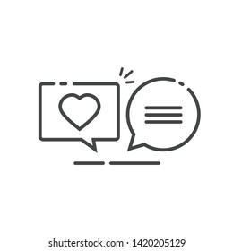Love chat messages notice vector illustration line outline art symbol, chatting bubble speeches notes with text and heart isolated icon