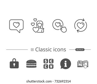 Love chat, Refresh relationships and Romantic Heart line icons. Valentines day and Heart in speech bubble signs. Information speech bubble sign. And more signs. Editable stroke. Vector