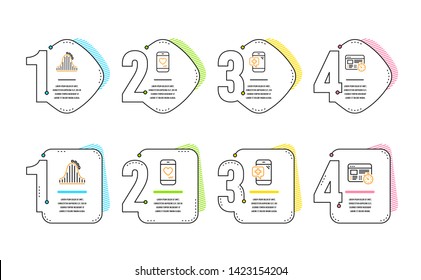 Love chat, Roller coaster and Medical phone icons simple set. Web timer sign. Smartphone, Attraction park, Mobile medicine. Online test. Technology set. Infographic timeline. Line love chat icon