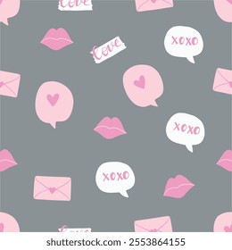 Love chat seamless pattern. Think-bubbles. Online Dating. Romantic design. Valentine day. Hand drawn vector illustration