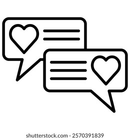 Love chat, symbolized by two speech bubbles with hearts  line art icon illustration. Representing a romantic conversation or online dating.