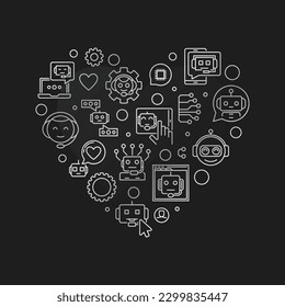 I Love Chatbot Technology contorno contorno banner plateado en forma de corazón - Chatter Bot ilustración del vector del corazón en fondo oscuro 