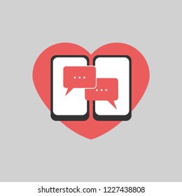 Love chatting, two phones with message bubbles and red heart. Vector flat illustration