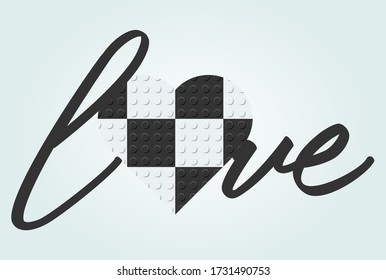 Love Checkered Text. Flag im Herzen. Kalligrafischer Text. Aus Plastikbausteinen blockiert Spielzeug. Vector-Abbildung.
