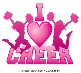 I Love Cheer is an illustration of a cheer design for cheerleaders. Express your love for cheerleading. Includes two jumping cheerleaders and a heart shape.