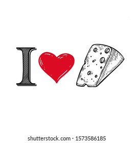 I love cheese sign illustration. I love cheese logo, label with the red heart in sketch, engraving style