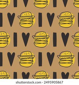 Me encanta la hamburguesa con queso, sin patrón. Plantilla para las cubiertas del cuaderno, modelo para los Fondos de pantalla, materia textil o para el café, restaurante de la comida rápida. ilustración naive infantil del arte del Vector dibujado a mano. comida chatarra