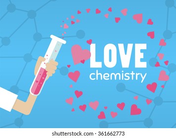 love chemistry bottle flat hand with test tube vector in style card laboratory