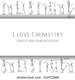 I love chemistry card with of hand drawn science chemical glass equipment, Chemistry education research laboratory tool, chemical funnel, flask, adapters, condenser, Vector illustration.