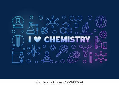 I Love Chemistry colored banner - vector Chemical concept outline illustration on dark background