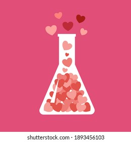 Love chemistry, love reaction in flat design on pink background. Valentine’s Day concept. Design for greeting card, poster, banner.