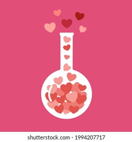 Love chemistry, love reaction in flat design on pink background. Valentine’s Day concept. Design for greeting card, poster, banner.