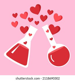 Love chemistry, love reaction in flat design on pink background. Valentine’s Day concept. Design for greeting card, poster, banner.