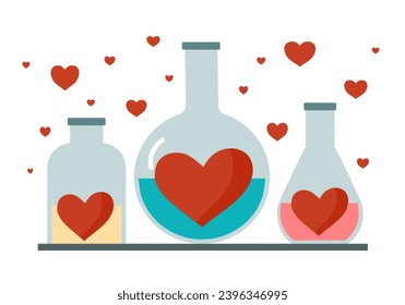 Love chemistry, love reaction in flat design on white background. Chemical lab glass with flying hearts. Valentine’s Day concept. Design for greeting card, poster, banner.