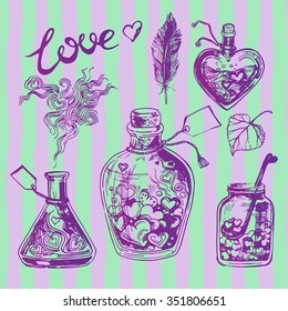 Love Chemistry Set. Beautiful jars and flasks with hearts inside. Suitable for Saint Valentine Decoration.