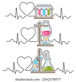 Amor por la química. Conjunto de instrumentos químicos contra el fondo del corazón y el pulso. Aislado sobre fondo blanco. Ilustración vectorial.