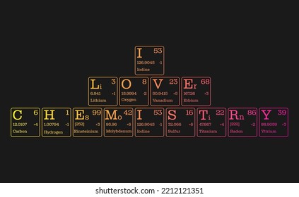 I love chemistry. Vector illustration of text consisting of letters of the periodic system of chemical elements. Sketch for creativity.