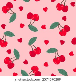 Love cherry and hearts seamless pattern. Vector cute summer fruit print with red cherries on pink background. Juicy berry texture for wrapping, fabric, summer, Valentines decoration, textile, fashion.